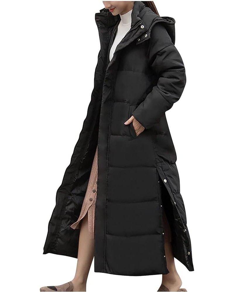 Puffer Jacket Womens Winter Thickened Side Split Long Down Hooded Coats Casual Lightweight Slim Long Sleeve Outerwear Black $...