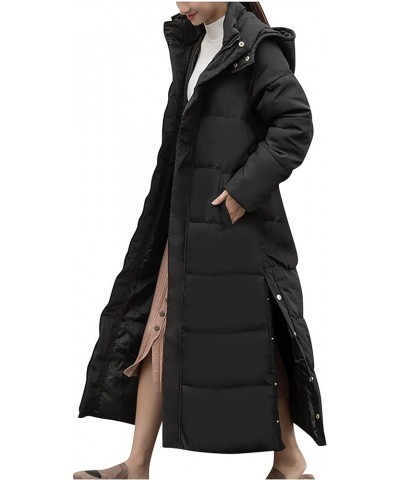 Puffer Jacket Womens Winter Thickened Side Split Long Down Hooded Coats Casual Lightweight Slim Long Sleeve Outerwear Black $...