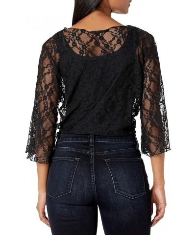 Women's Petite 3/4 Sleeve Stretch Lace Tiefront Shrug Sweater Black $7.28 Sweaters