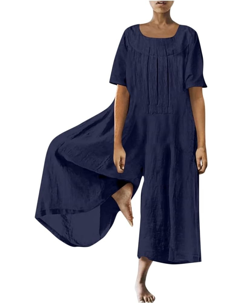 Jumpsuits for Women Dressy Button T-Shirt One Piece Solid 3/4 Sleeve Plus Size Rompers Summer Wide Leg Pocket Overalls Navy-2...