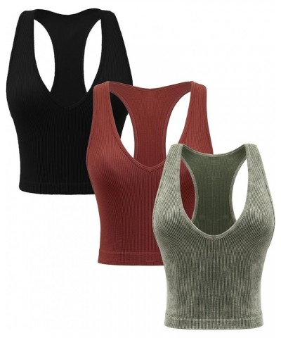 Women's 3 Pack Ribbed Racerback Crop Tank Top Seamless V-Neck Athletic Workout Cropped Tank Top Set Black+dark Green+burgundy...