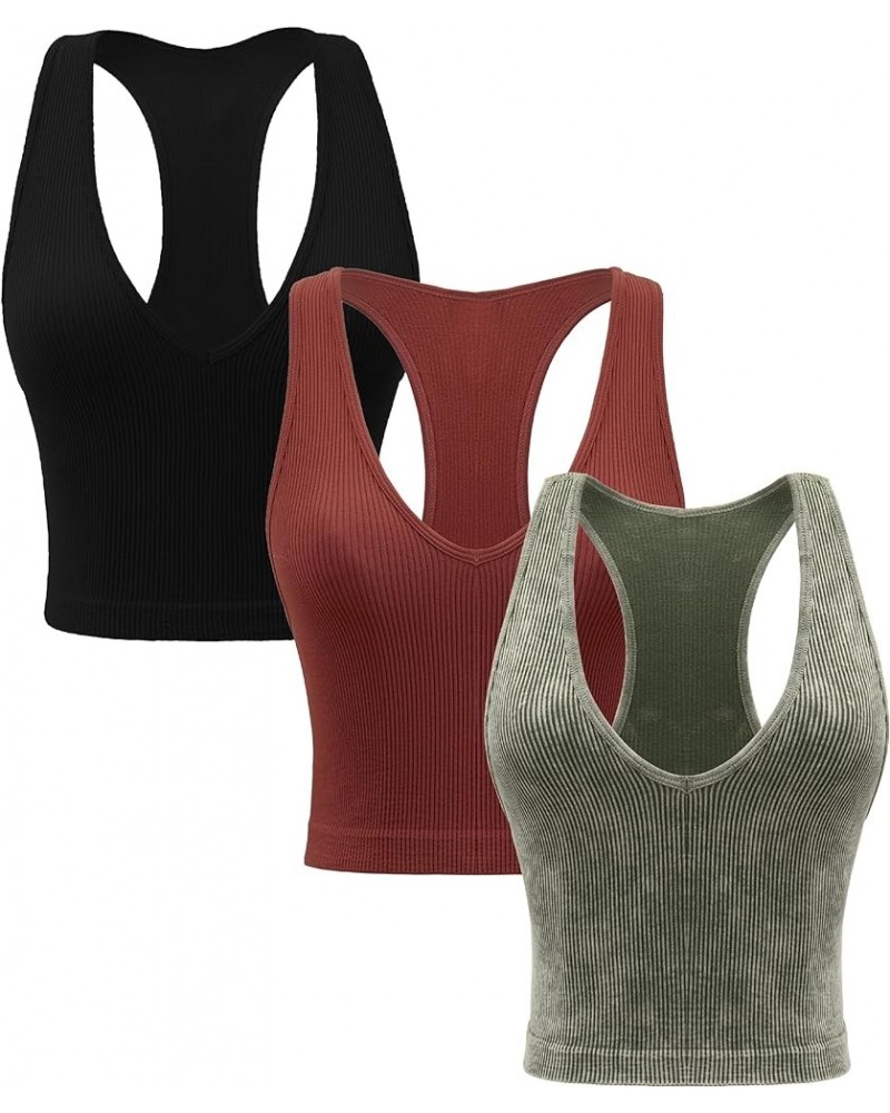 Women's 3 Pack Ribbed Racerback Crop Tank Top Seamless V-Neck Athletic Workout Cropped Tank Top Set Black+dark Green+burgundy...