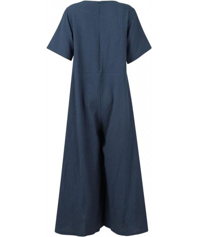 Jumpsuits for Women Dressy Button T-Shirt One Piece Solid 3/4 Sleeve Plus Size Rompers Summer Wide Leg Pocket Overalls Navy-2...