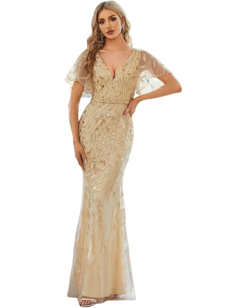 Women's V Neck Short Bridesmaid Dress Sleeve Sparkly Embroidery Wedding Party Gown 0692 Gold $33.19 Dresses