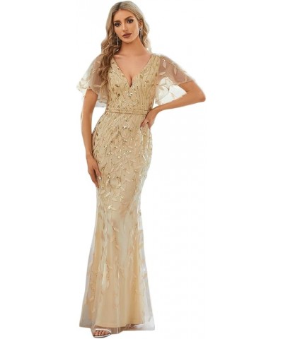 Women's V Neck Short Bridesmaid Dress Sleeve Sparkly Embroidery Wedding Party Gown 0692 Gold $33.19 Dresses