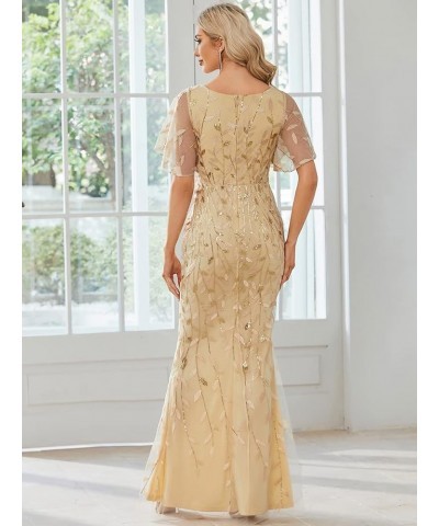 Women's V Neck Short Bridesmaid Dress Sleeve Sparkly Embroidery Wedding Party Gown 0692 Gold $33.19 Dresses