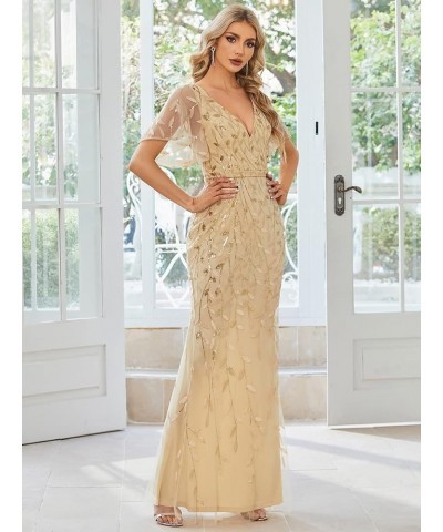 Women's V Neck Short Bridesmaid Dress Sleeve Sparkly Embroidery Wedding Party Gown 0692 Gold $33.19 Dresses