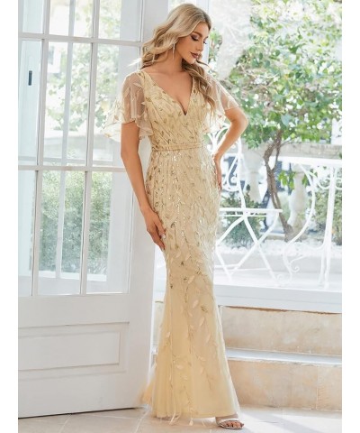 Women's V Neck Short Bridesmaid Dress Sleeve Sparkly Embroidery Wedding Party Gown 0692 Gold $33.19 Dresses