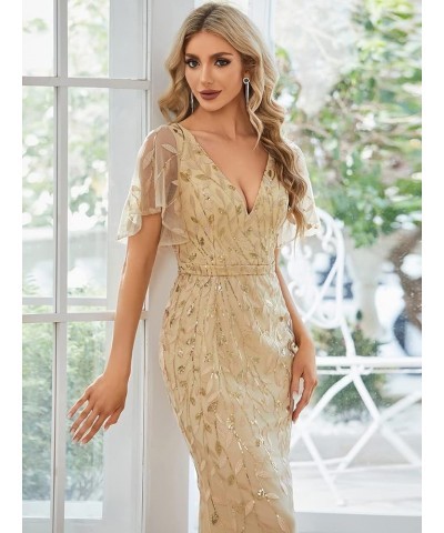 Women's V Neck Short Bridesmaid Dress Sleeve Sparkly Embroidery Wedding Party Gown 0692 Gold $33.19 Dresses