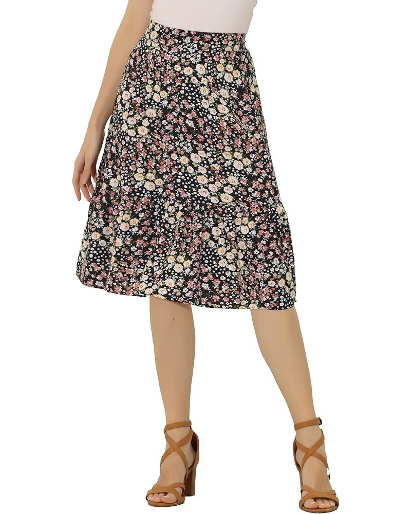 Women's Floral Print Ruffle Hem Elastic Waist Midi Flowy Skirt Black-floral $13.33 Skirts