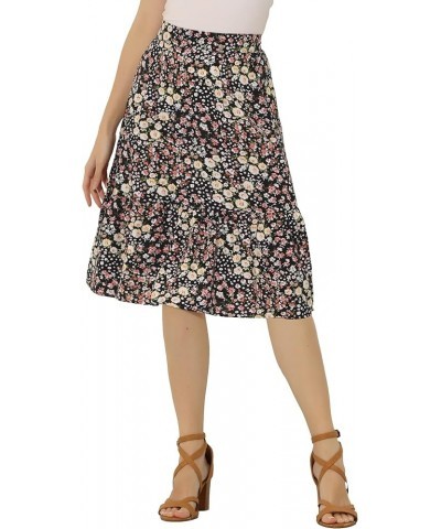 Women's Floral Print Ruffle Hem Elastic Waist Midi Flowy Skirt Black-floral $13.33 Skirts