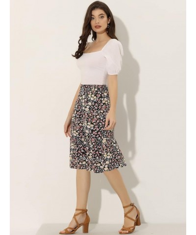 Women's Floral Print Ruffle Hem Elastic Waist Midi Flowy Skirt Black-floral $13.33 Skirts