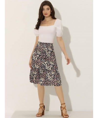 Women's Floral Print Ruffle Hem Elastic Waist Midi Flowy Skirt Black-floral $13.33 Skirts