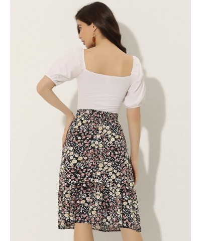 Women's Floral Print Ruffle Hem Elastic Waist Midi Flowy Skirt Black-floral $13.33 Skirts