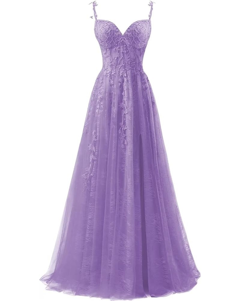 Lace Applique Tulle Prom Dresses for Women Long Spaghetti Straps Formal Evening Party Gown Ball Gown with Slit Dusty Purple $...