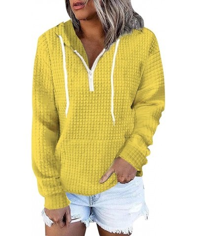 Trendy Hoodies for Women 2023 Casual Long Sleeve Drawstring Waffle Pullover Tops Loose Hooded Sweatshirt with Pocket A6-yello...