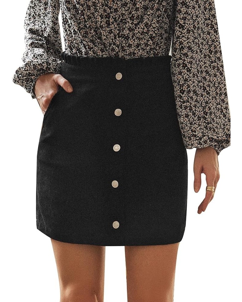 Women's Paper Bag Waist Button Front A Line Mini Corduroy Skirt with Pockets Black $16.81 Skirts