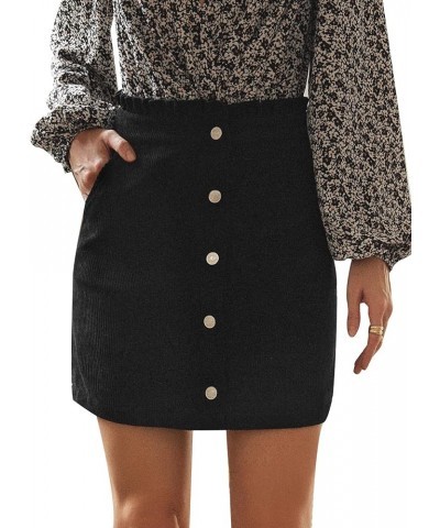 Women's Paper Bag Waist Button Front A Line Mini Corduroy Skirt with Pockets Black $16.81 Skirts