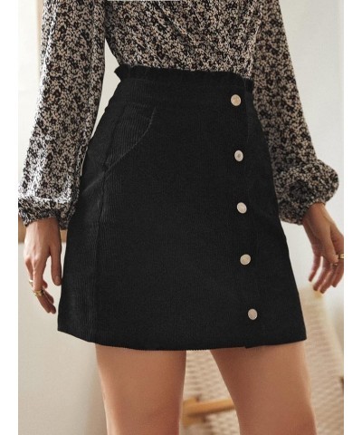 Women's Paper Bag Waist Button Front A Line Mini Corduroy Skirt with Pockets Black $16.81 Skirts