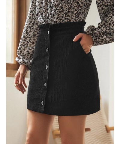 Women's Paper Bag Waist Button Front A Line Mini Corduroy Skirt with Pockets Black $16.81 Skirts