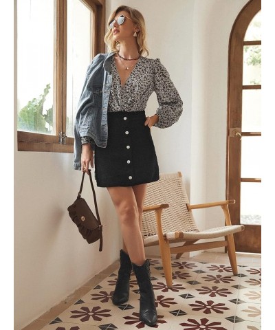 Women's Paper Bag Waist Button Front A Line Mini Corduroy Skirt with Pockets Black $16.81 Skirts