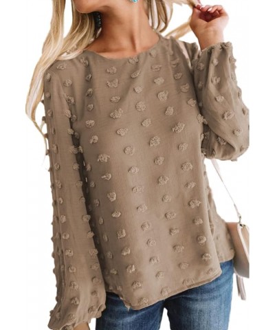 Womens Chiffon Blouse Swiss Dot Casual Round Neck Long Sleeve Pom Pom Shirts Back Keyhole Tops Khaki $8.79 Blouses