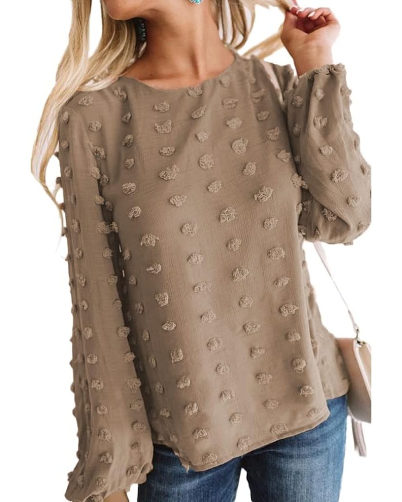 Womens Chiffon Blouse Swiss Dot Casual Round Neck Long Sleeve Pom Pom Shirts Back Keyhole Tops Khaki $8.79 Blouses