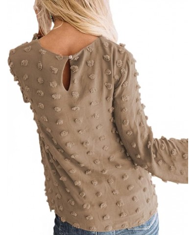 Womens Chiffon Blouse Swiss Dot Casual Round Neck Long Sleeve Pom Pom Shirts Back Keyhole Tops Khaki $8.79 Blouses