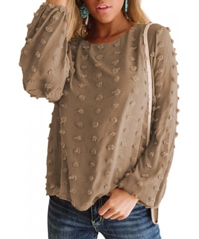 Womens Chiffon Blouse Swiss Dot Casual Round Neck Long Sleeve Pom Pom Shirts Back Keyhole Tops Khaki $8.79 Blouses