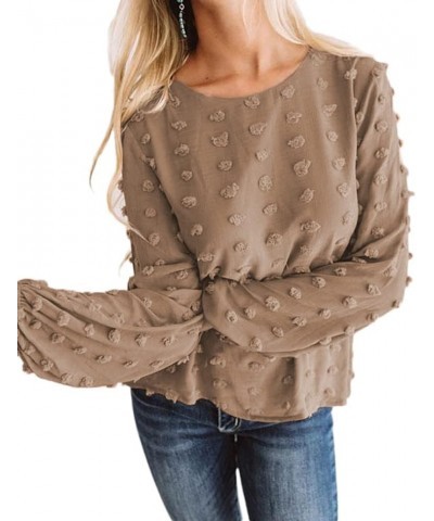 Womens Chiffon Blouse Swiss Dot Casual Round Neck Long Sleeve Pom Pom Shirts Back Keyhole Tops Khaki $8.79 Blouses