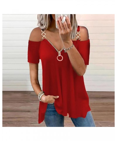 Womens Summer Tops,Women Cold Shoulder Tops Fashion Sexy Loose Fit Short Sleeve Zipper Printing Strapless Long Tunic Z3-red $...