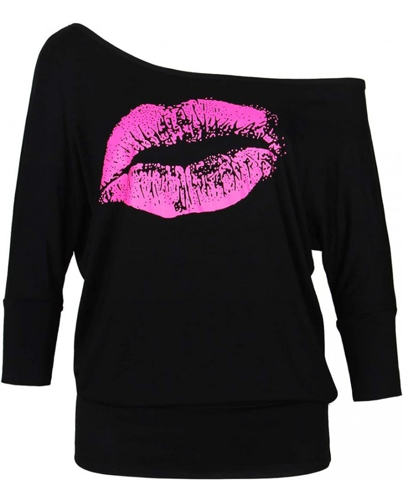 Women Casual Oversized Sexy Lips Print Off Shoulder T-Shirt Dolman Sleeve Dolman Black $10.12 T-Shirts