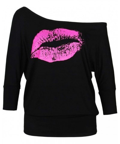 Women Casual Oversized Sexy Lips Print Off Shoulder T-Shirt Dolman Sleeve Dolman Black $10.12 T-Shirts