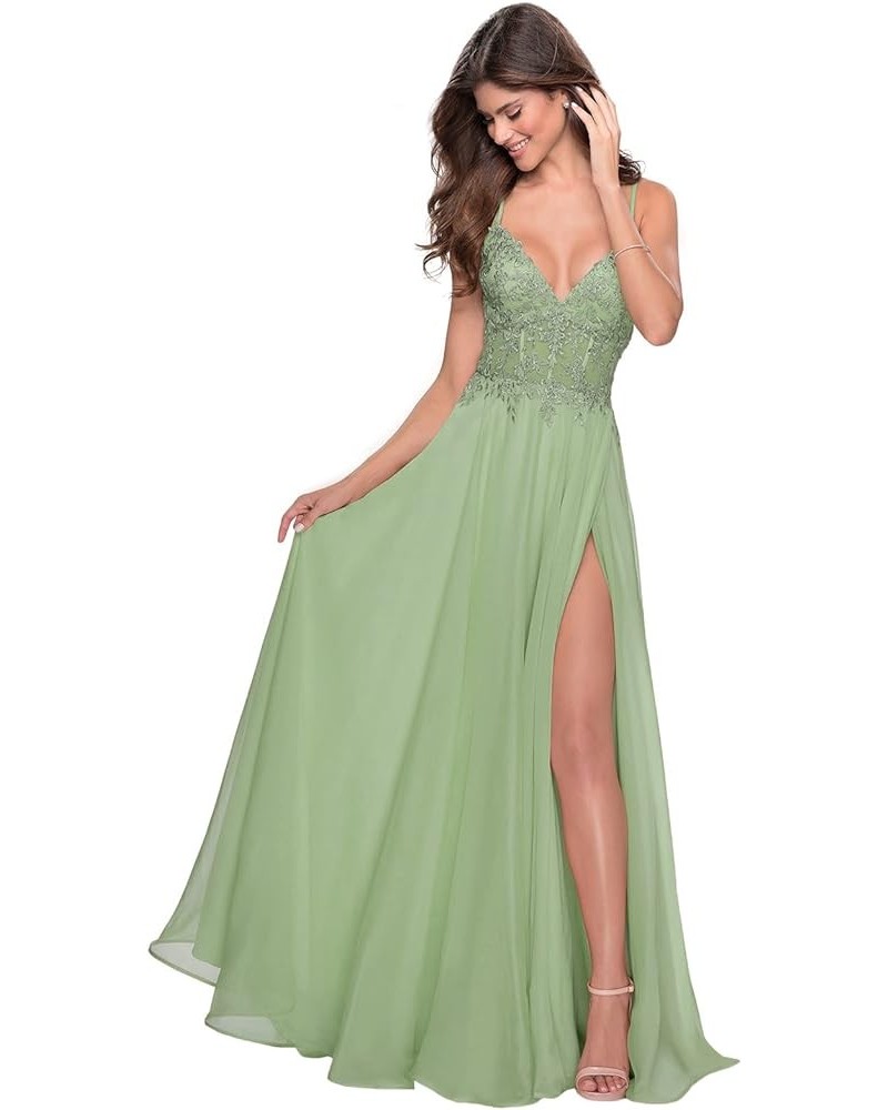 Women's V-Neck Prom Dress Slit Long Lace Appliques Formal Evening Party Gowns Chiffon PR003 Sage $42.39 Dresses