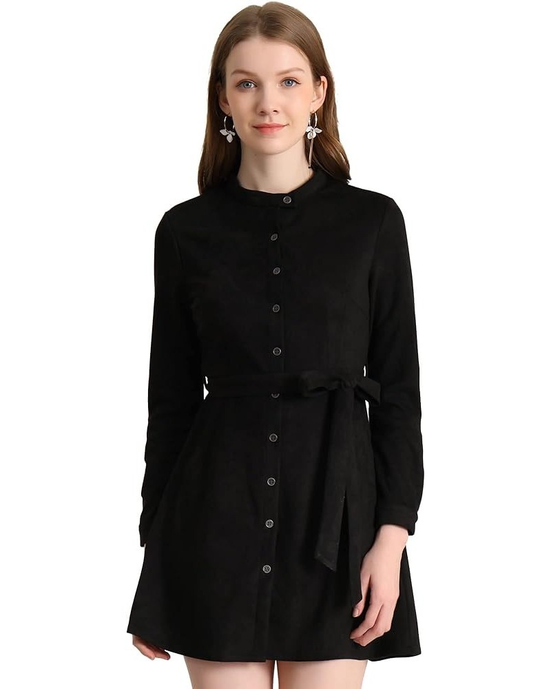 Women's Casual Long Sleeve Faux Suede Belted Button Down Mini Dress Black $15.19 Dresses