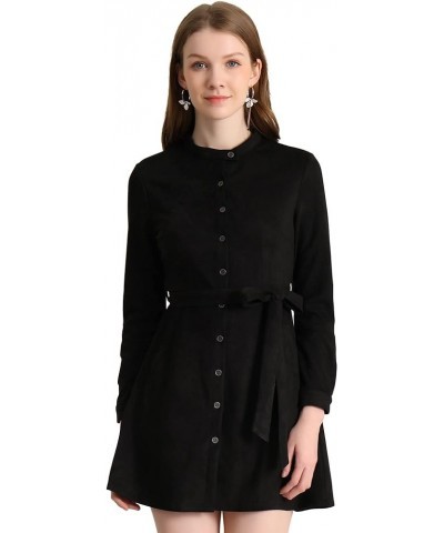 Women's Casual Long Sleeve Faux Suede Belted Button Down Mini Dress Black $15.19 Dresses