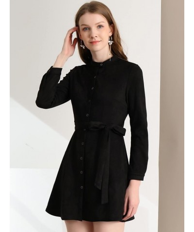 Women's Casual Long Sleeve Faux Suede Belted Button Down Mini Dress Black $15.19 Dresses