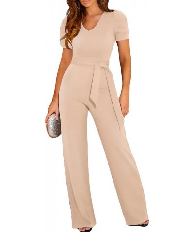 Womens Jumpsuit Short Sleeve Casual v Neck Belted Wide Leg Formal Rompers Jumpsuits S-XL Apricot $21.42 Jumpsuits