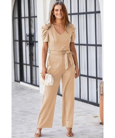 Womens Jumpsuit Short Sleeve Casual v Neck Belted Wide Leg Formal Rompers Jumpsuits S-XL Apricot $21.42 Jumpsuits