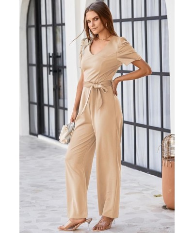 Womens Jumpsuit Short Sleeve Casual v Neck Belted Wide Leg Formal Rompers Jumpsuits S-XL Apricot $21.42 Jumpsuits