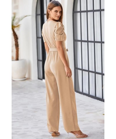 Womens Jumpsuit Short Sleeve Casual v Neck Belted Wide Leg Formal Rompers Jumpsuits S-XL Apricot $21.42 Jumpsuits