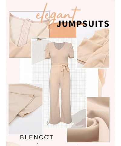 Womens Jumpsuit Short Sleeve Casual v Neck Belted Wide Leg Formal Rompers Jumpsuits S-XL Apricot $21.42 Jumpsuits