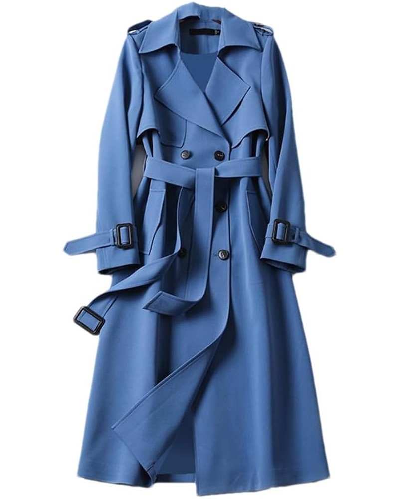 Women Solid Long Trench Coat Spring Autumn Korean Two Row Breasted V-Neck Mid Overcoat Jacket Biru Langit $23.93 Jackets