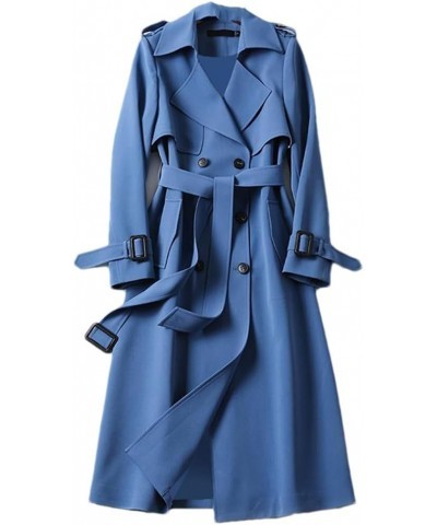 Women Solid Long Trench Coat Spring Autumn Korean Two Row Breasted V-Neck Mid Overcoat Jacket Biru Langit $23.93 Jackets