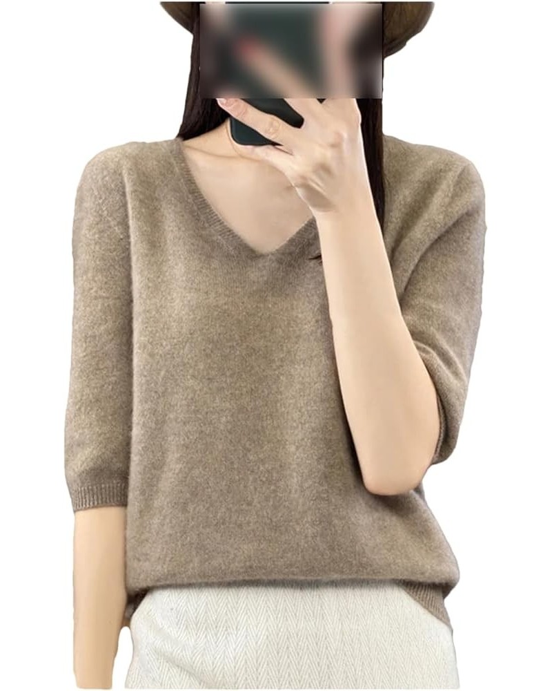 Autumn Winter Women's V-Neck Half Sleeve 100% Wool Sweater Loose Stylish Soft Light Knitted Top Khaki9 $24.32 Sweaters