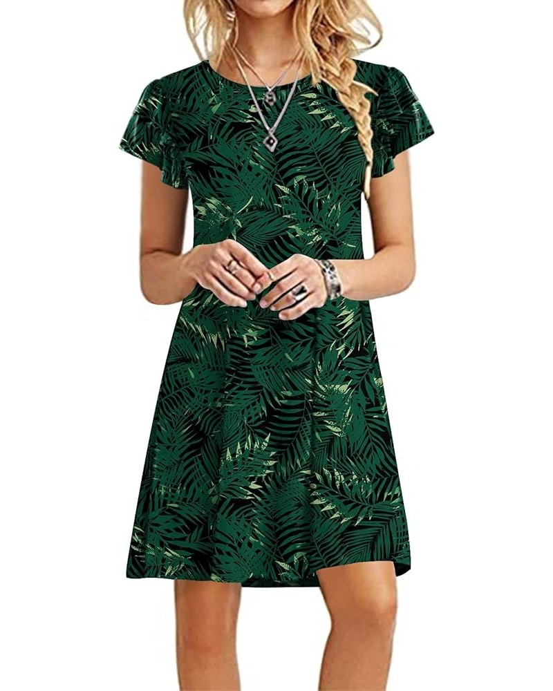 Women 2023 Mini Dresses Summer Casual Ruffle Short Sleeve Cute Crew Neck Flowy Dress with Pockets Green Leaf Black $19.03 Dre...