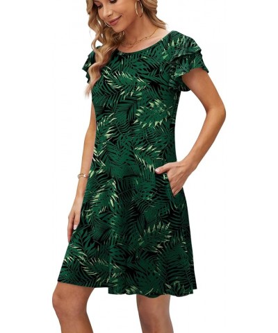 Women 2023 Mini Dresses Summer Casual Ruffle Short Sleeve Cute Crew Neck Flowy Dress with Pockets Green Leaf Black $19.03 Dre...