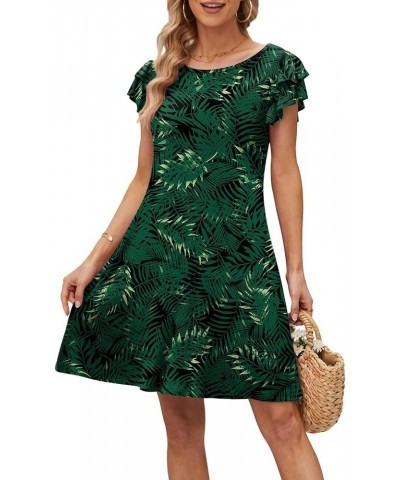 Women 2023 Mini Dresses Summer Casual Ruffle Short Sleeve Cute Crew Neck Flowy Dress with Pockets Green Leaf Black $19.03 Dre...