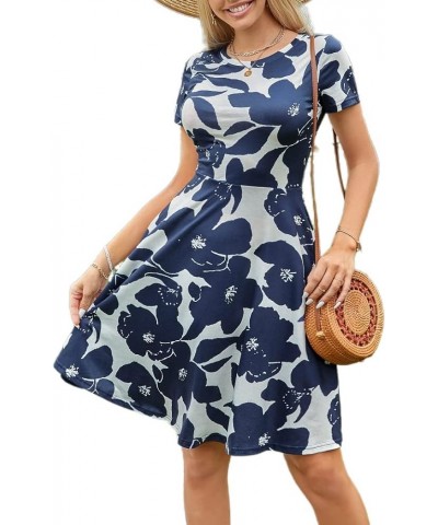 Summer Casual Women Short Sleeve Round Neck A Line Fit and Flare Knee Length Skater Sun Dress Navy Flower $13.99 Dresses