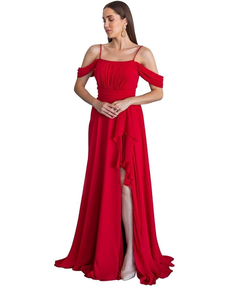 Cold Shoulder Bridesmaid Dresses 2024 for Wedding Long Chiffon Ruffle Formal Evening Dress with Slit Red $23.65 Dresses